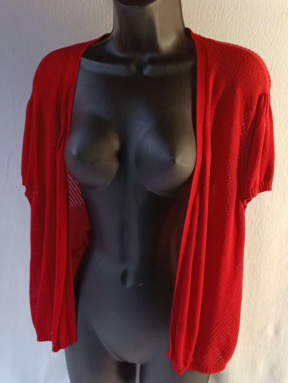 Open-Front Short-Sleeve Red Knit Cardigan